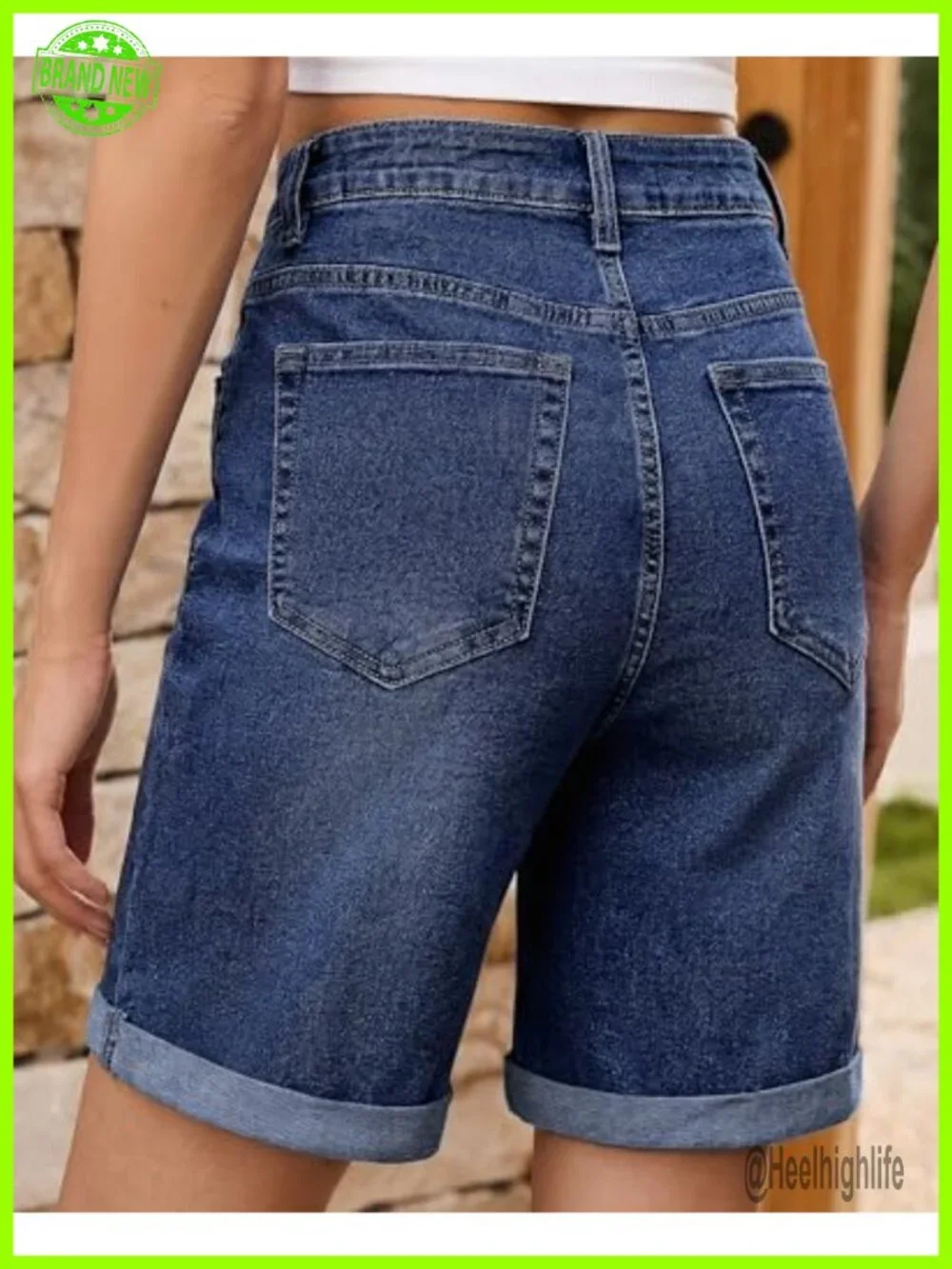 Vetinee High Waisted Fold Hem Stretchy Long Denim Shorts